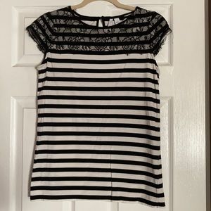 Elle black and white striped top with lace